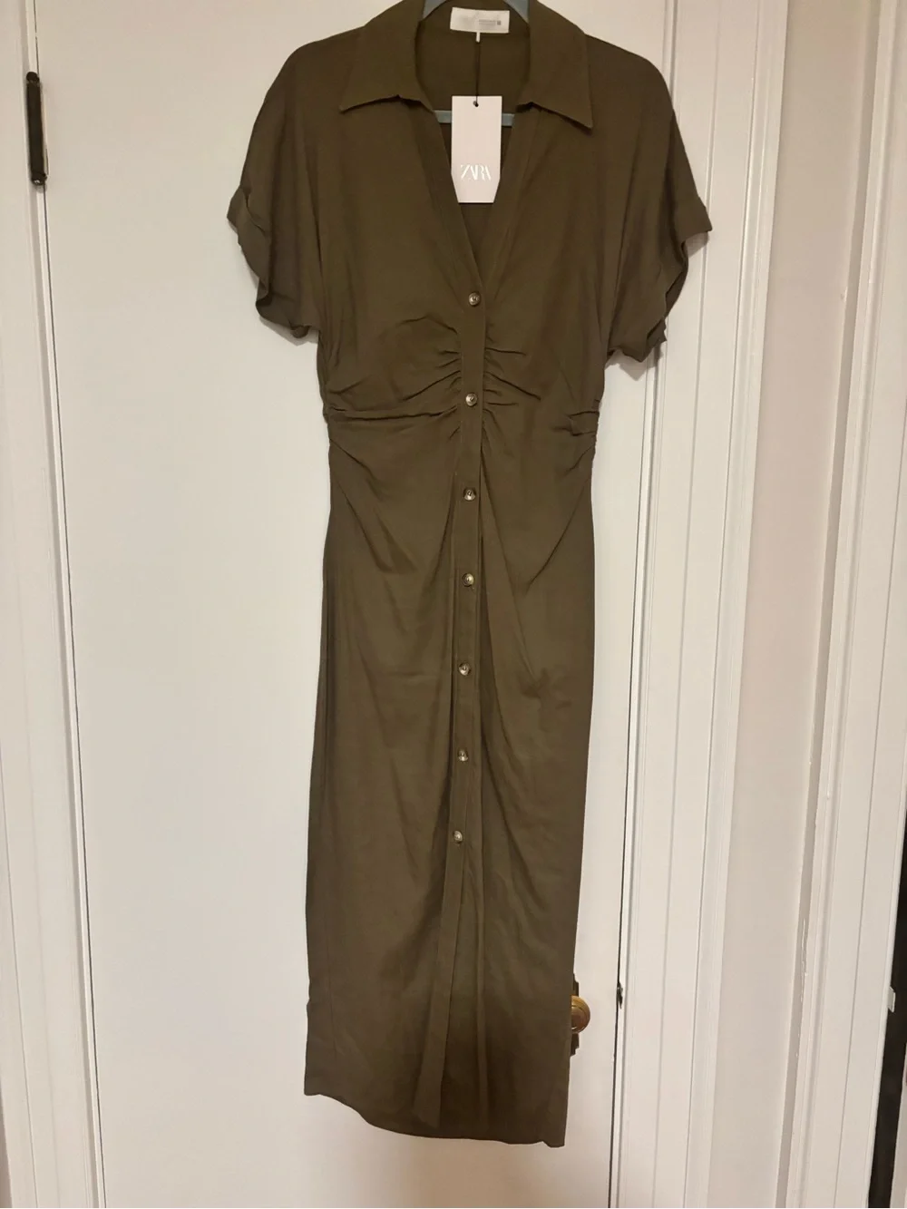 Zara Olive Button-Front Ruched Midi Dress - Picture 2 of 4